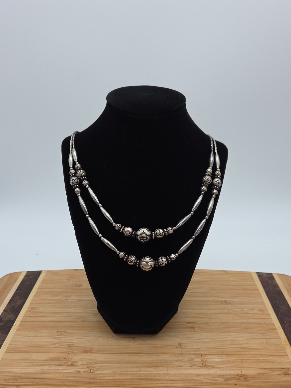 Native American Double Strand Silver Floral Necklace